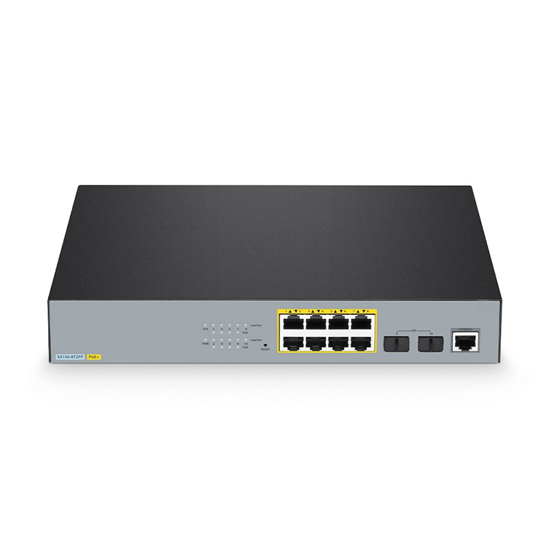 S3150-8T2FP, 8-Port Gigabit Ethernet L2+ PoE+ Switch, 8 x PoE+ Ports@130W, with 2 x 1Gb SFP, Fanless