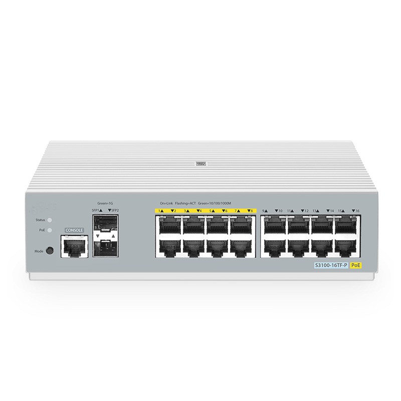 S3100-16TF-P, 16-Port Gigabit Ethernet L2+ PoE+ Switch, 8 x PoE+ Ports@125W, with 2 x 1Gb SFP Uplinks, Broadcom Chip, Fa