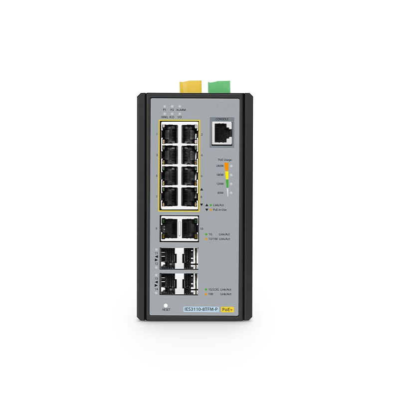 IES3110-8TFM-P, 8-Port Gigabit Ethernet L2+ Managed Industrial PoE+ Switch, 8 x PoE+ Ports @240W, and 2 x 10/100/1000BAS