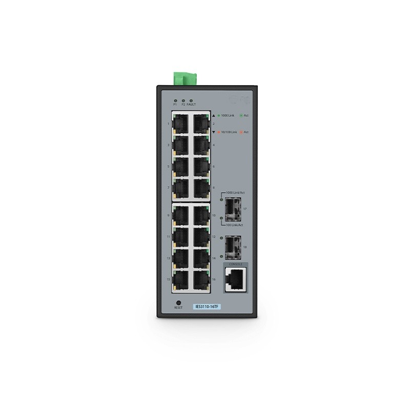 IES3110-16TF, 16-Port Gigabit Ethernet L2 Managed Industrial Switch, 16 x 10/100/1000BASE-T, with 2 x 1Gb SFP, -40 to 75